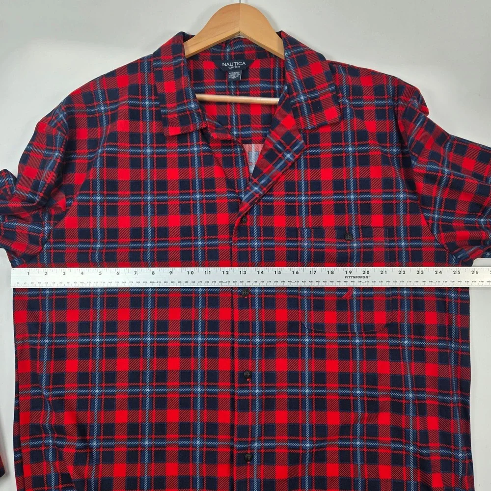 Nautica Pajama Shirt Men XXL Red Blue Plaid Sleepwear Long Sleeve Button Up Top